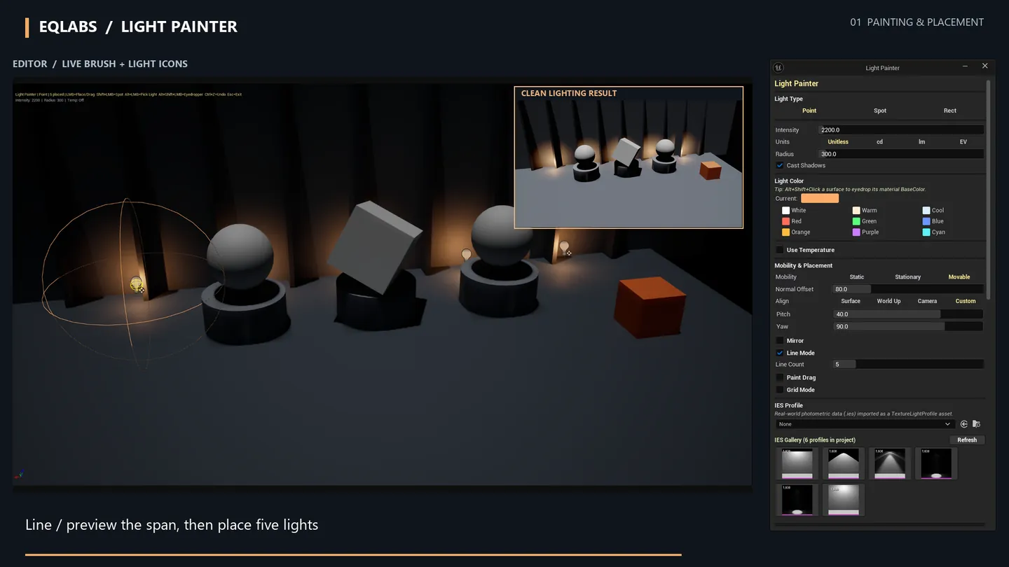 Line mode previewing a span, then placing five lights along it.