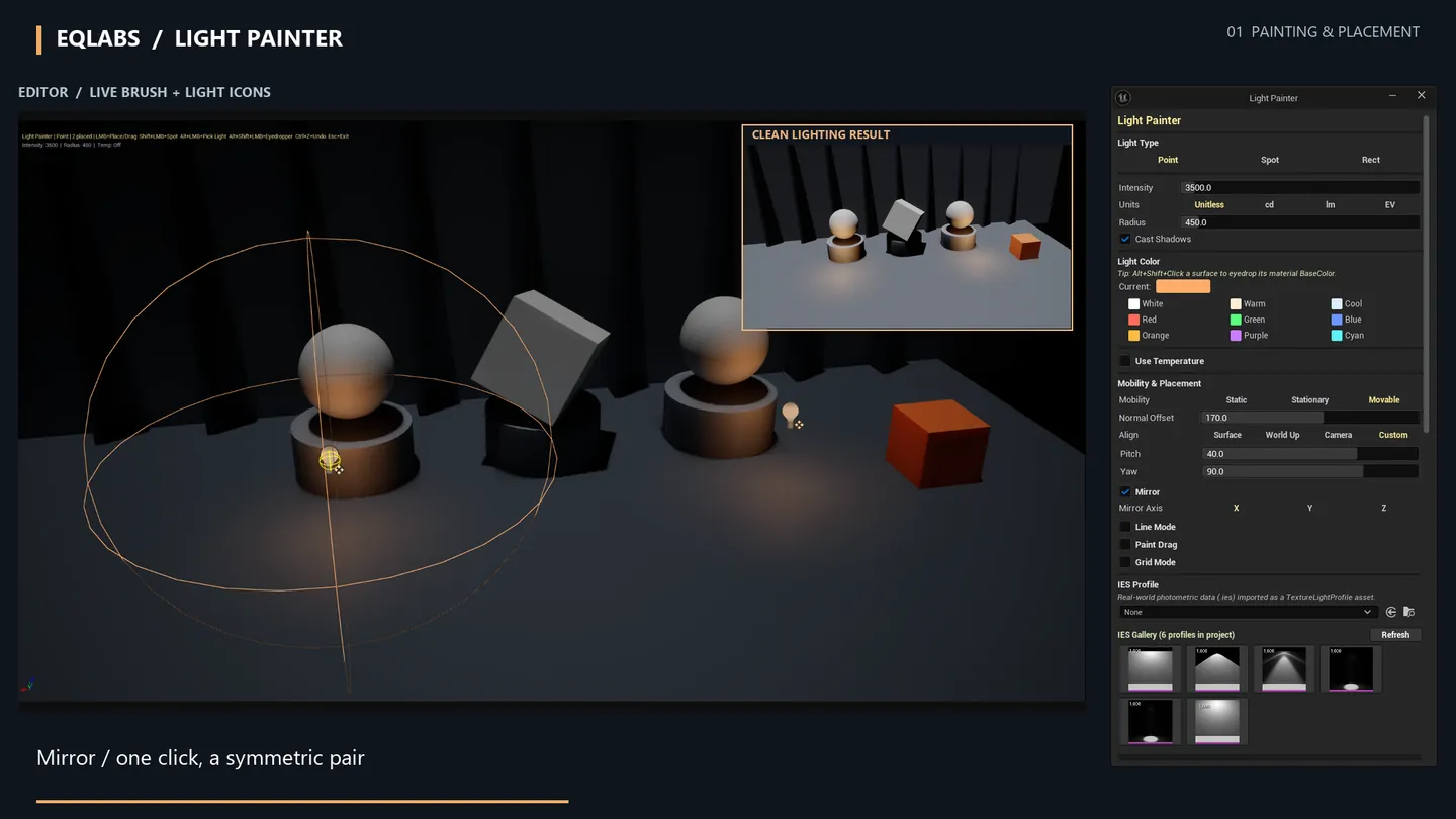 Mirror on: one click places a symmetric pair of point lights.