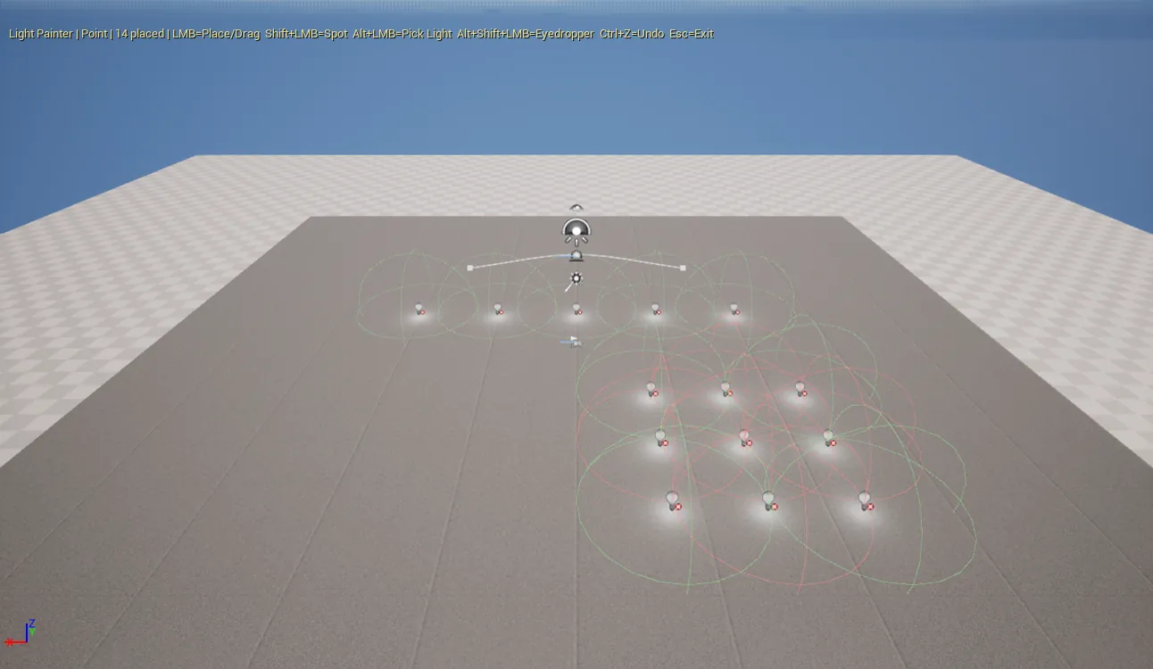 Fourteen point lights placed by clicking the floor, with the overlap rings drawn in green and red.