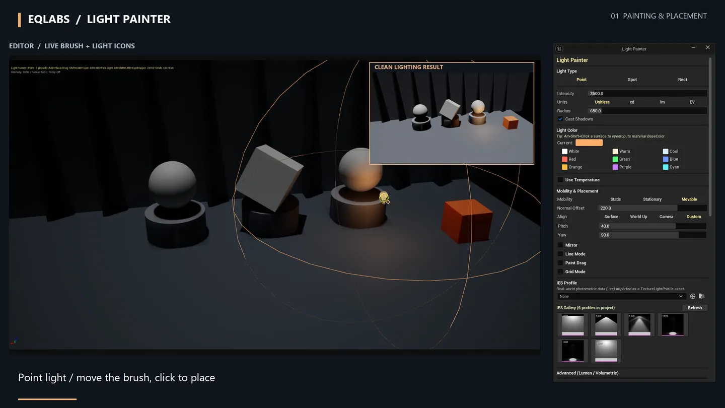 A point light placed by clicking the floor, with its radius drawn around the cursor and the lit result in the inset.