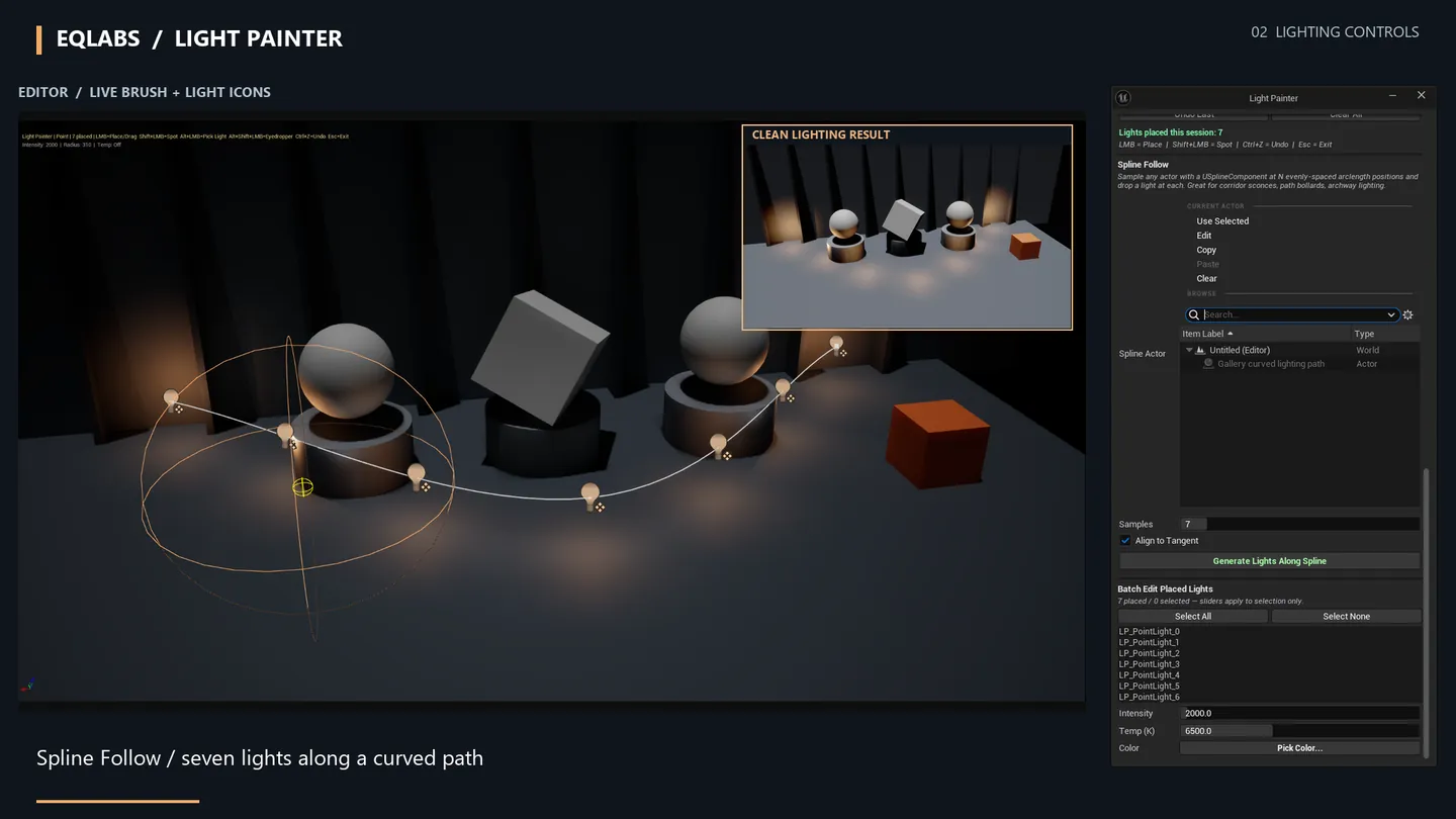 Seven lights placed along a curved spline path.