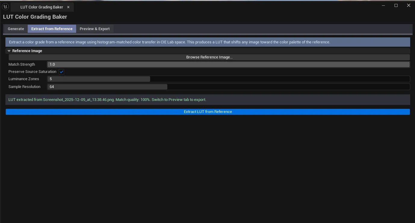 Reference image loaded, extraction parameters set, LUT preview showing the matched look.