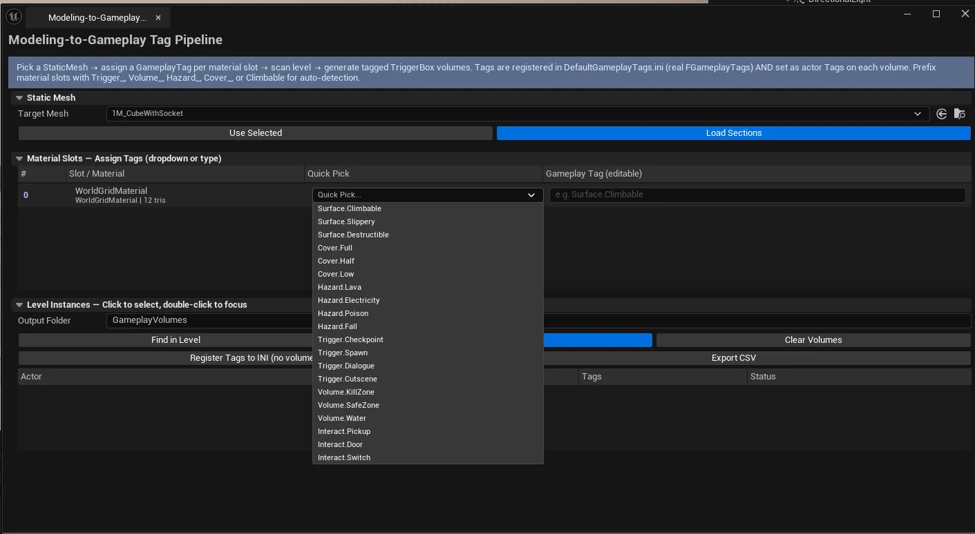 Sections list with assigned tags, instances list below showing level placements with volumes-generated flags.