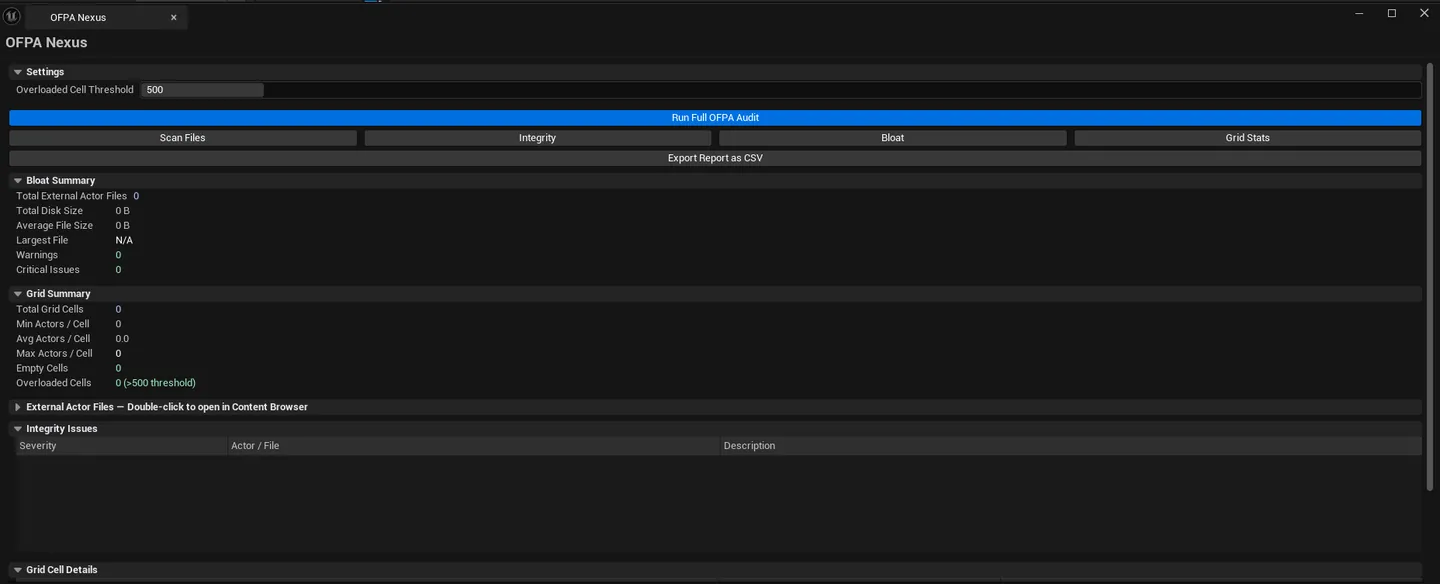 Nexus open after Run All, all four lists populated (External Actors / Integrity / Grid Stats), summary block at top with totals.