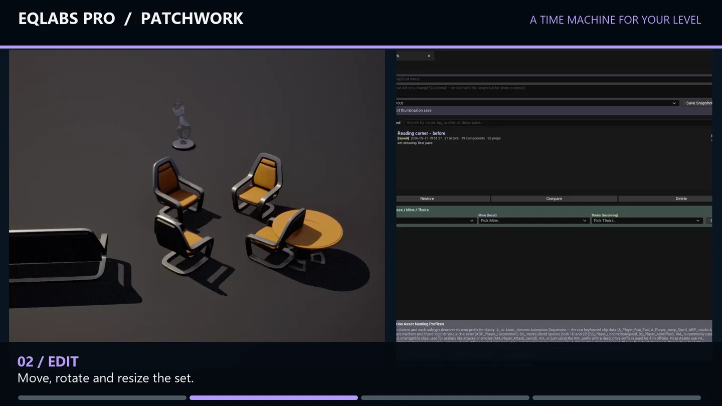 Editing the set after a snapshot: chairs moved, turned and resized.