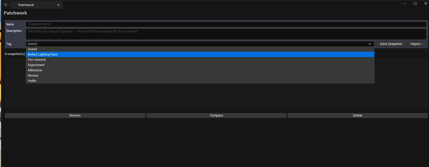 Patchwork open with several saved snapshots in the list, diff tree visible showing actor / component / property hierarchy with cherry-pick checkboxes.