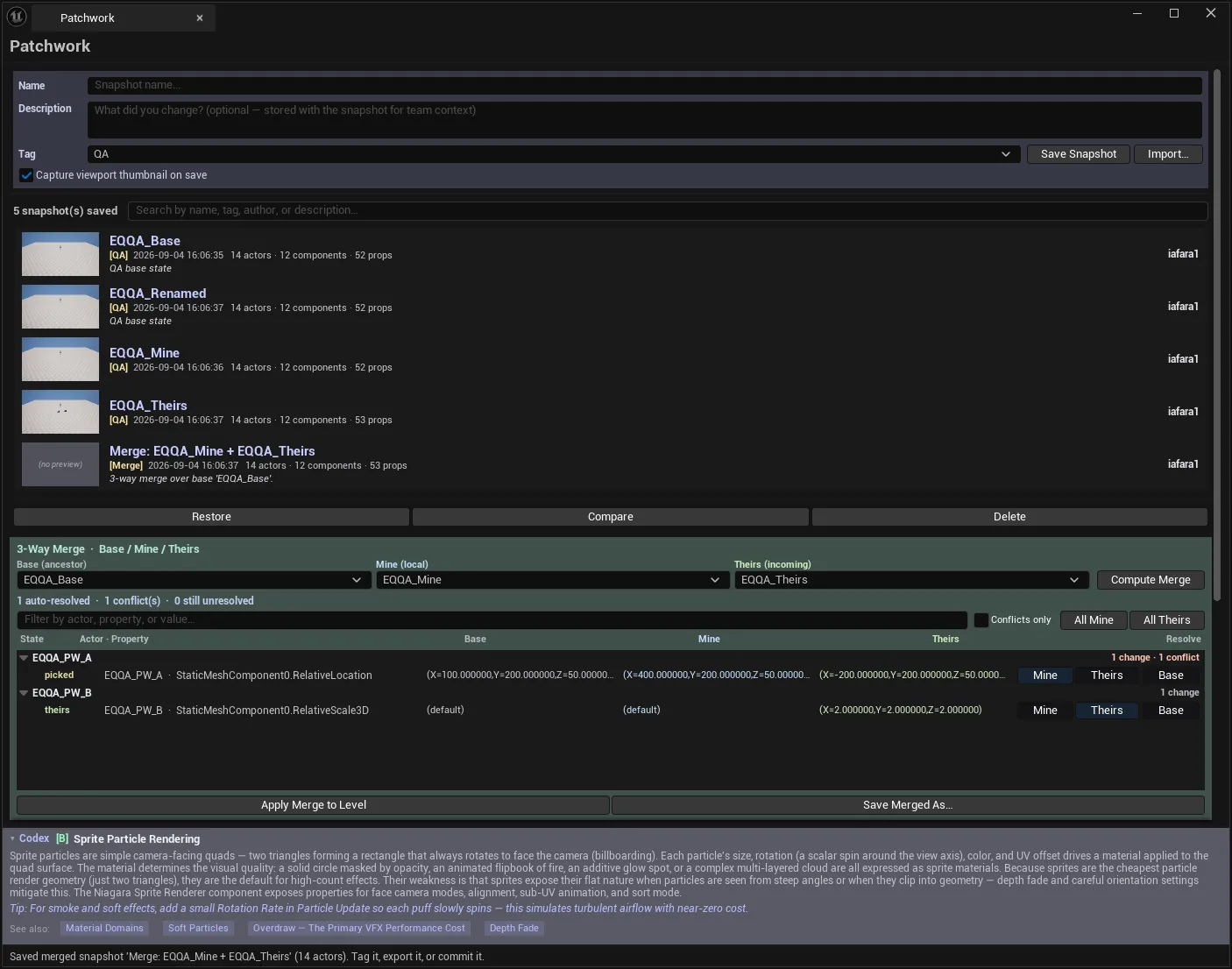 Two scene snapshots compared property by property and merged, with the conflicts resolved.
