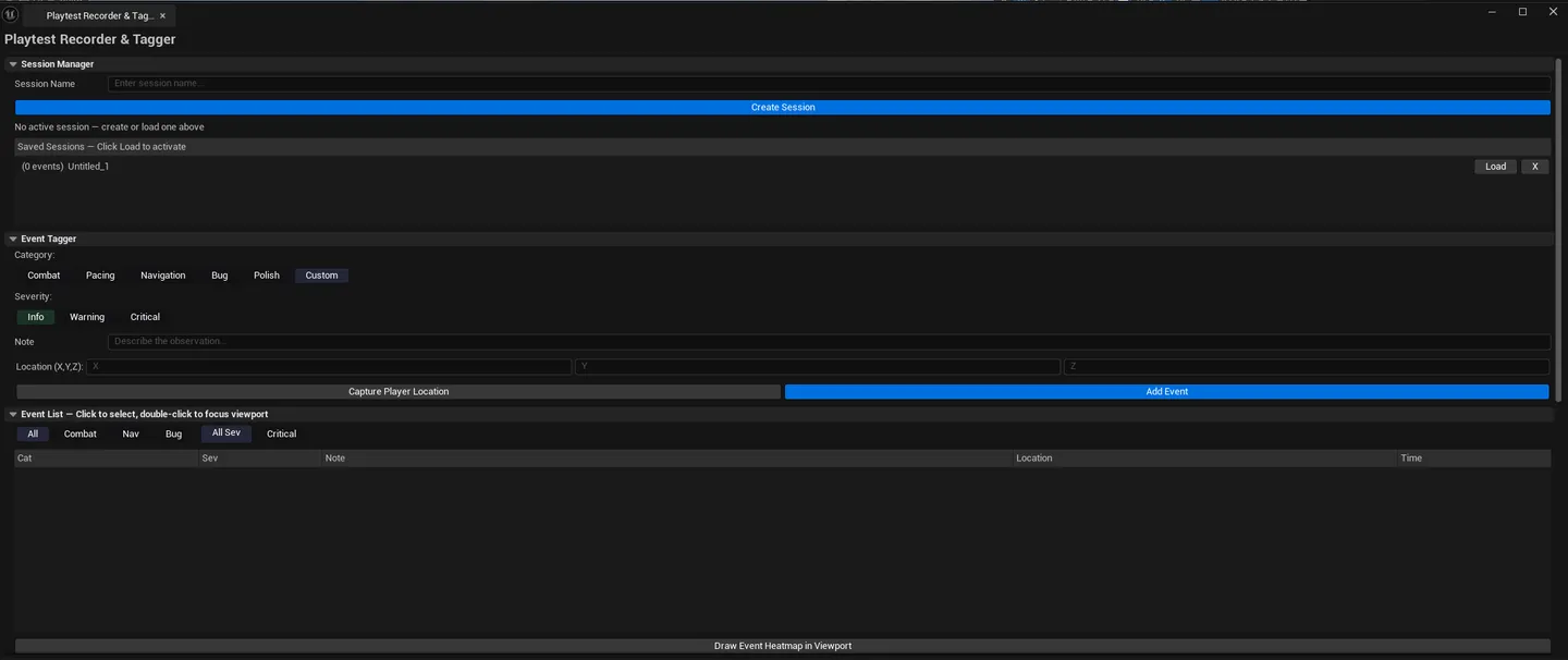 Tool open during a PIE session with multiple events tagged, viewport showing event markers.
