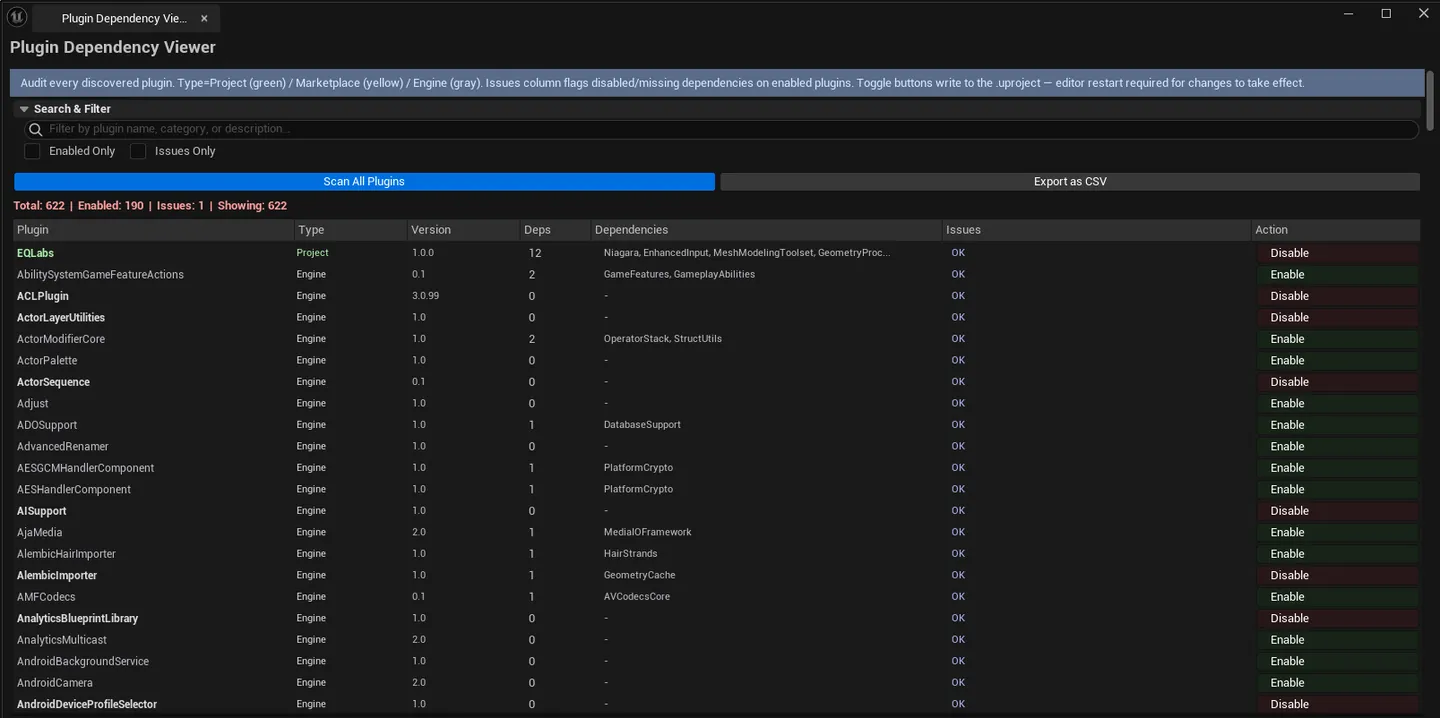 Viewer open after scan, plugin list populated with mixed enabled/disabled, classification column visible, summary line at top.