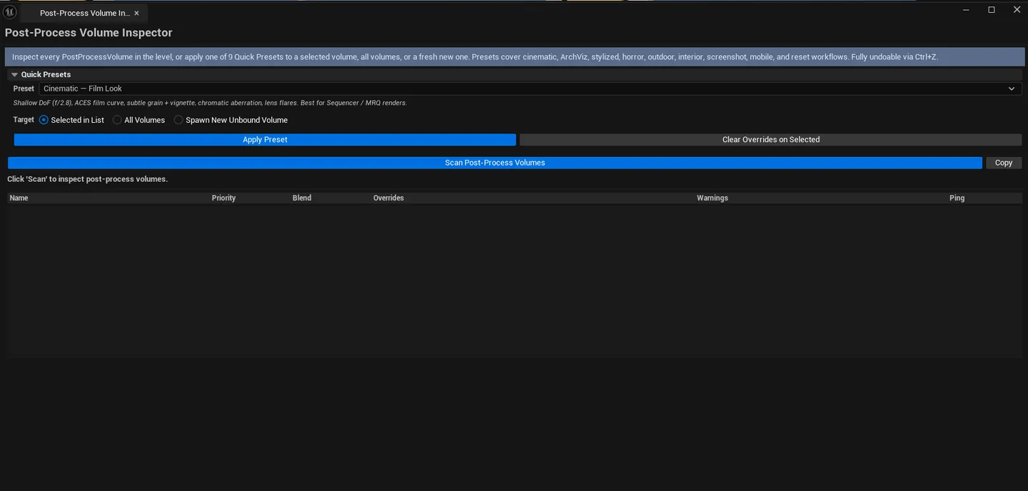 Inspector open with a level scanned, several PP volumes listed with active-override columns visible.