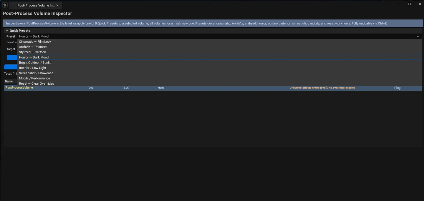 Inspector with one volume selected, preset combo set to Cinematic, Apply Preset button highlighted.