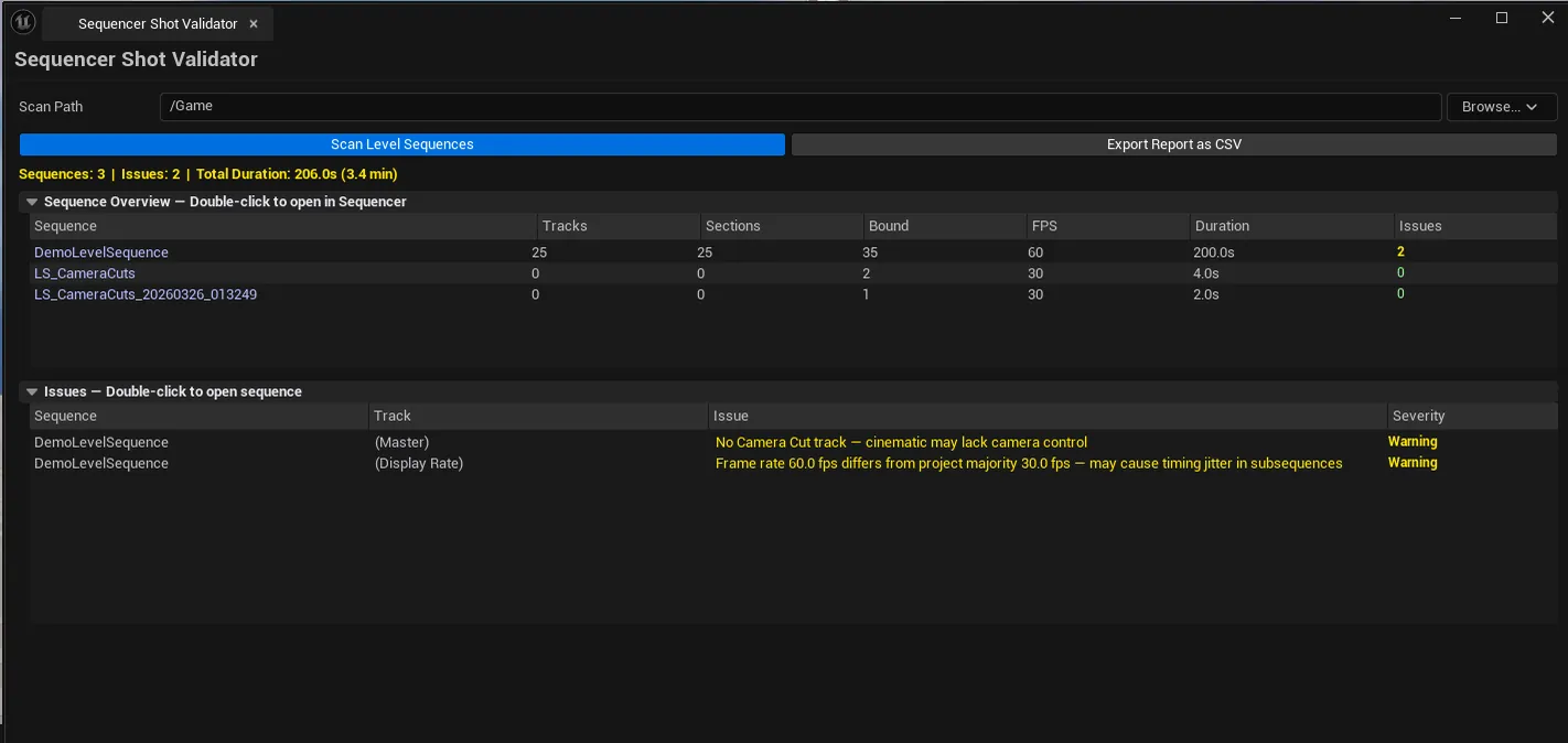 Issue list visible with mix of severity types, one row showing "Frame Rate Mismatch" between master and sub.