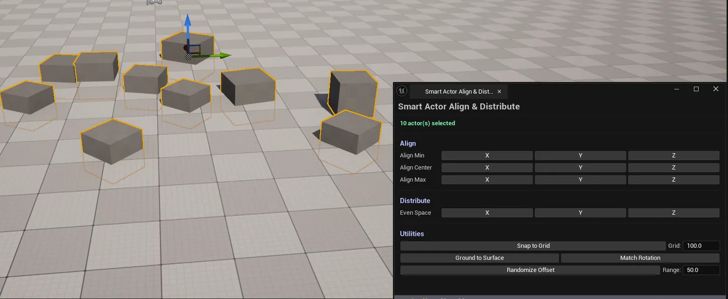 Several selected actors in viewport before/after Distribute Y, showing even spacing.