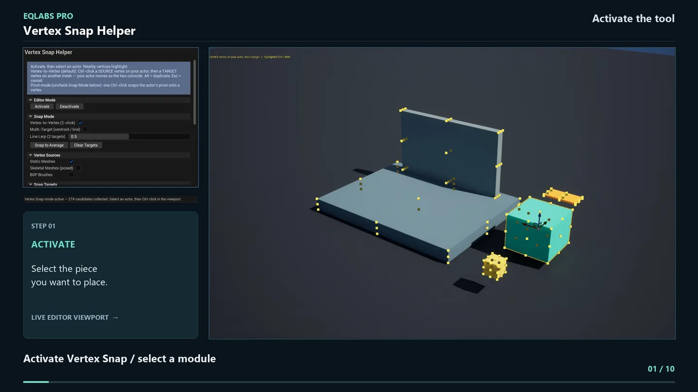Vertex Snap activated with a module selected; the candidate vertices on nearby meshes are highlighted.