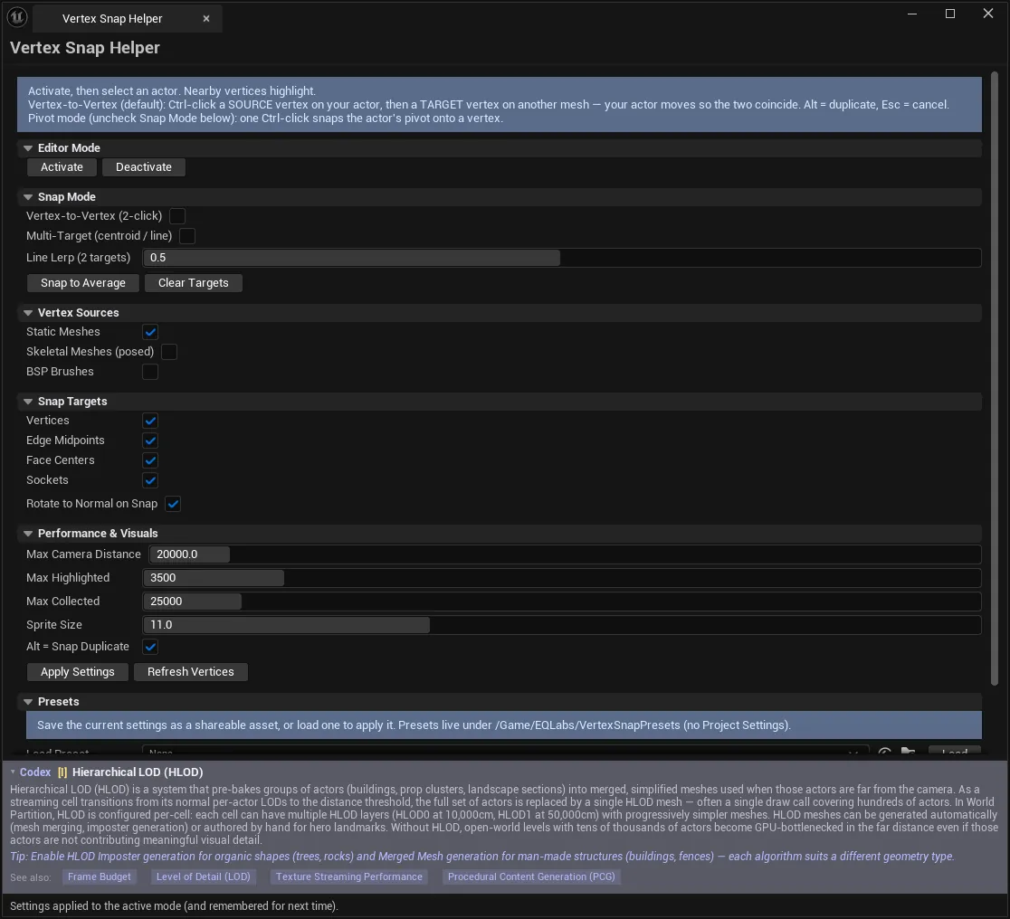 Vertex Snap Helper panel with the editor mode active: Snap Mode, Vertex Sources, all four Snap Targets enabled with Rotate to Normal on, Performance & Visuals, and the Presets section.