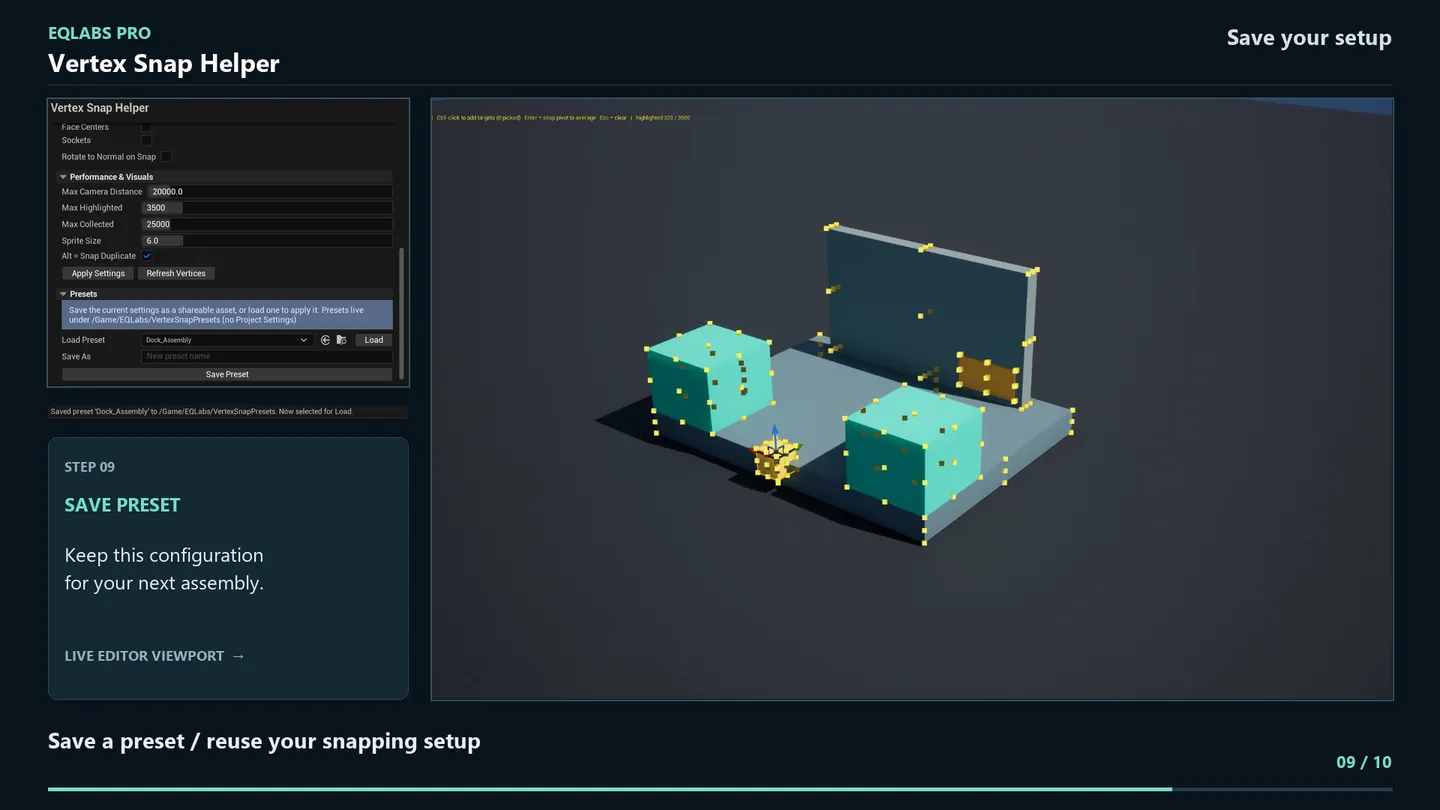 Saving the current snapping setup as a preset asset for the next assembly.