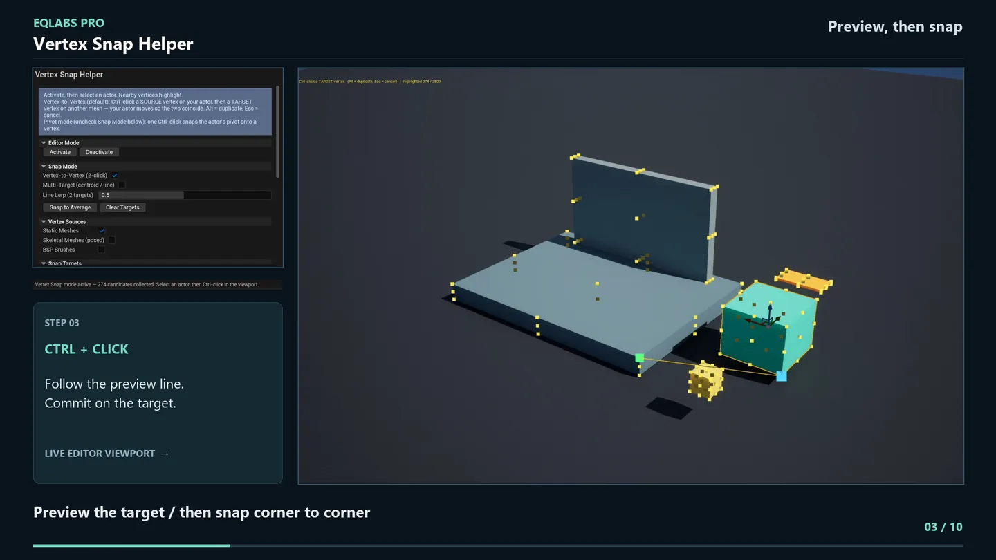 The preview line from source to target, and the module snapped corner to corner.