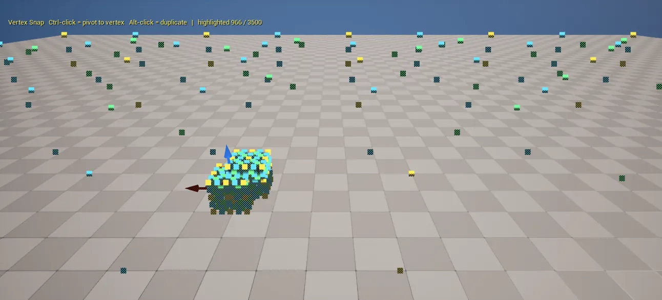 Vertex Snap Helper in the viewport: candidate points drawn as colour-coded sprites across nearby geometry, the on-screen hint showing Ctrl-click to snap and Alt-click to duplicate, and a highlighted count of 966 against the 3500 cap.