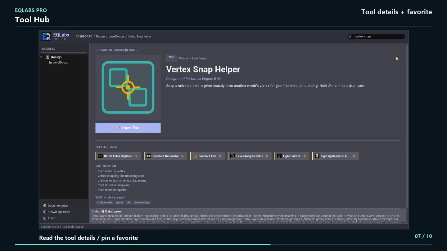 The details page for Vertex Snap Helper, with Open Tool, the related tools and the favorite star.