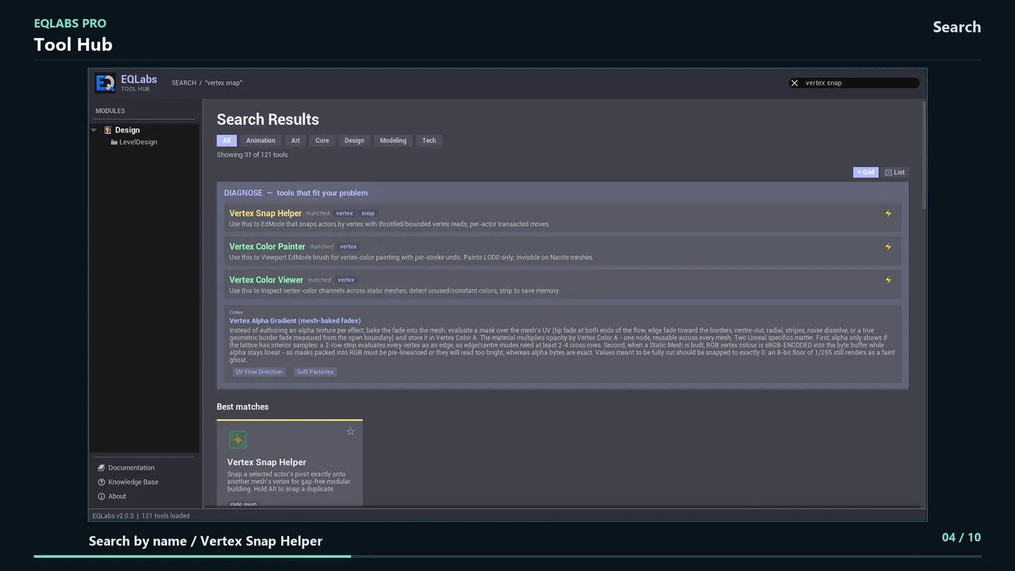 Searching for "vertex snap": the matching tools, with Vertex Snap Helper as the best match.