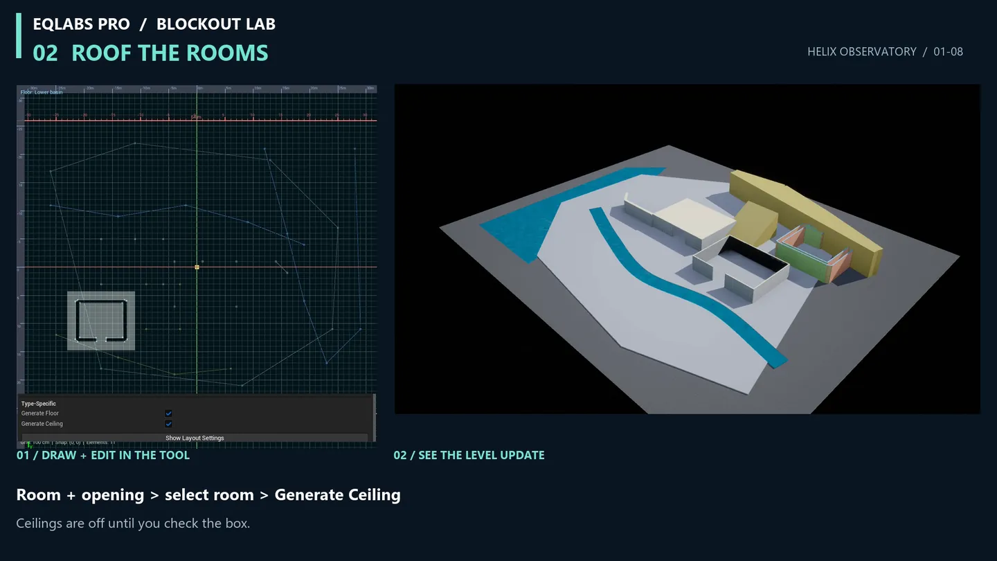 Selecting a drawn room and ticking Generate Ceiling to roof it.