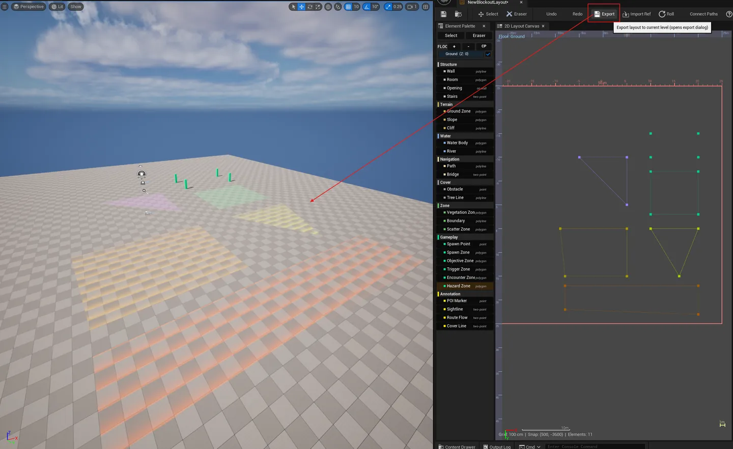 A real Unreal level with the exported blockout actors placed (rooms, walls, water, scatter HISM), all on-grid, with grid materials visible.