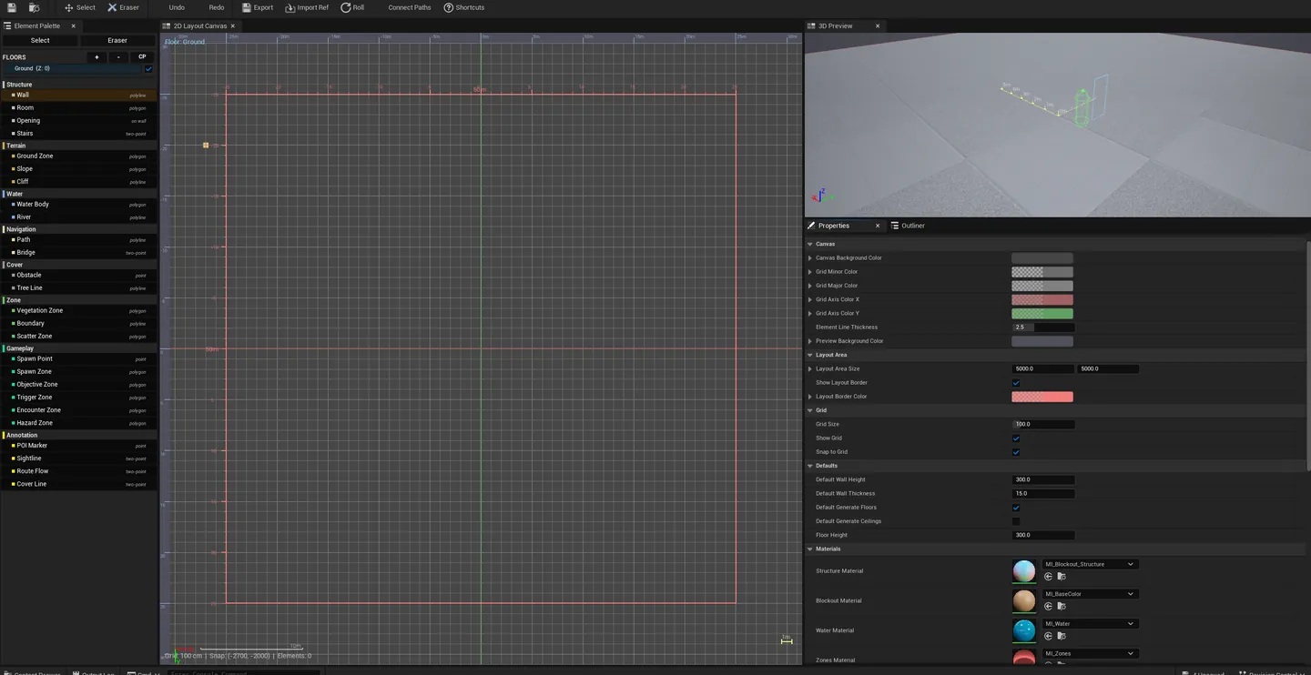 Editor open with a populated multi-room layout — 2D Canvas on the left showing colored elements, 3D Preview on the right showing the extruded blockout in a level.