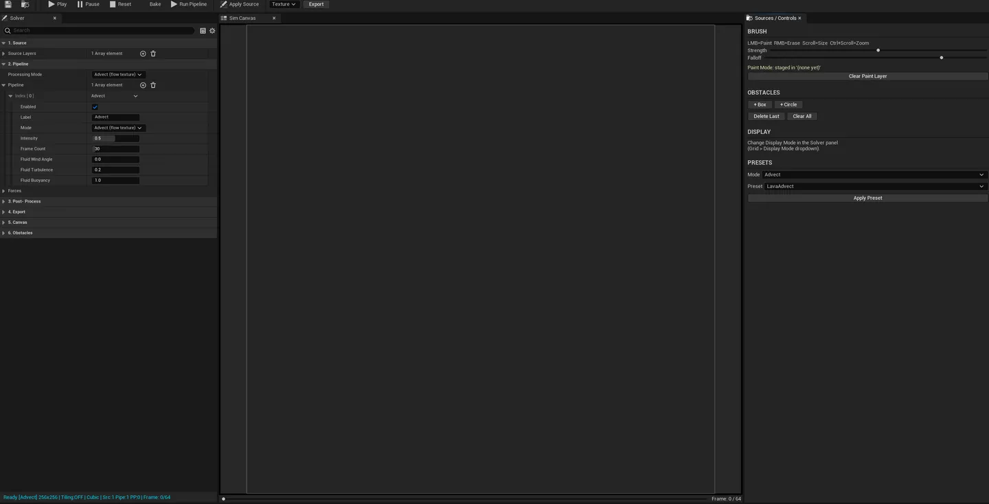 Full editor window with all panels labeled — Source Stack, Pipeline, Post-Process, 2D Canvas, Emitter & Obstacles, Timeline / Status.