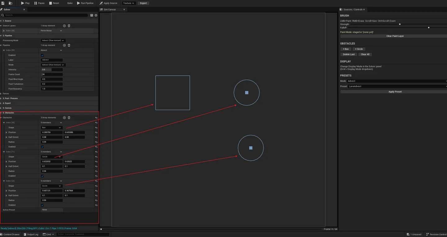 Canvas showing fire flowing around a placed Box obstacle, flow visibly diverted around it.