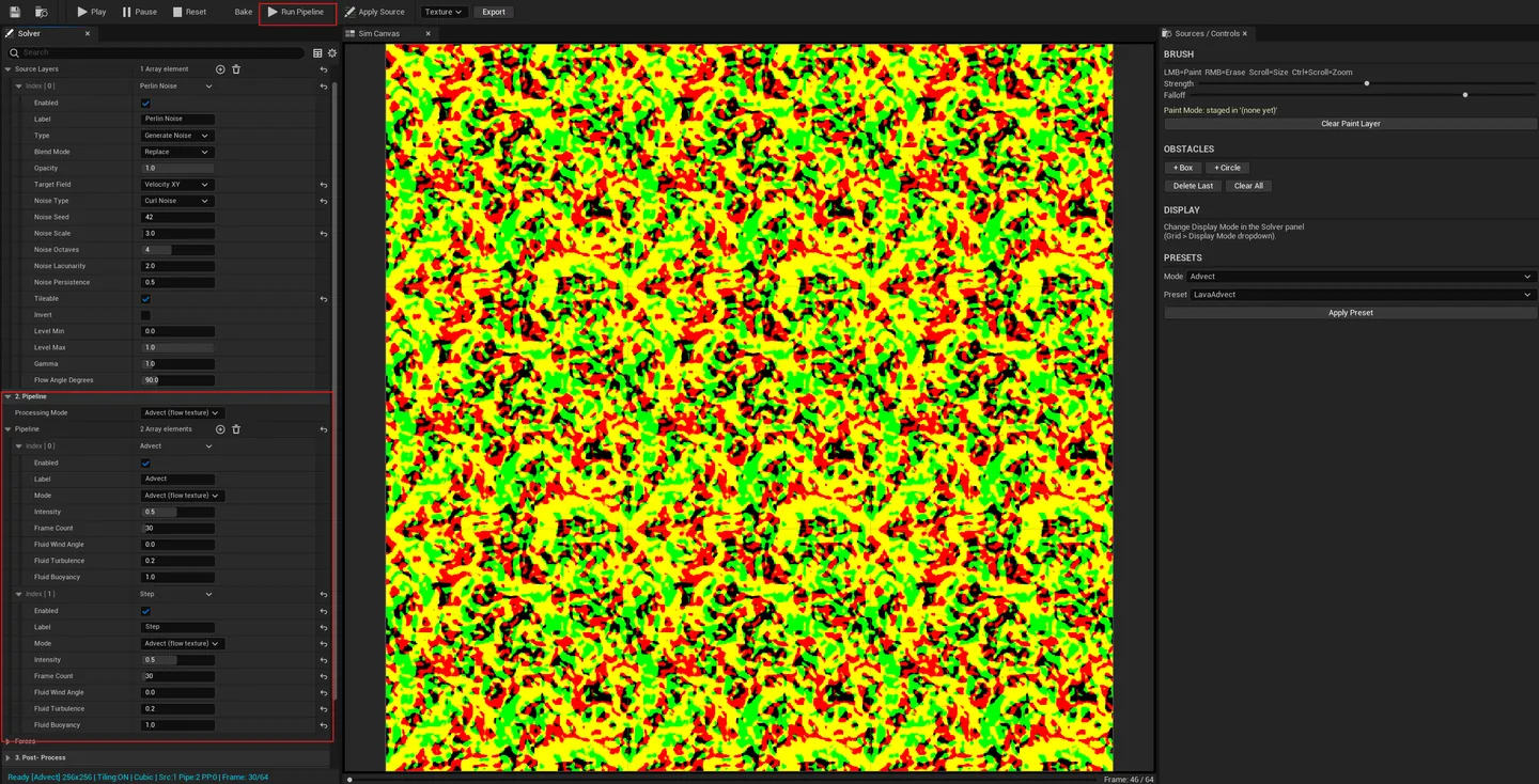 Pipeline panel with 3 chained steps + Post-Process panel below with 2-3 ops, all visible together.