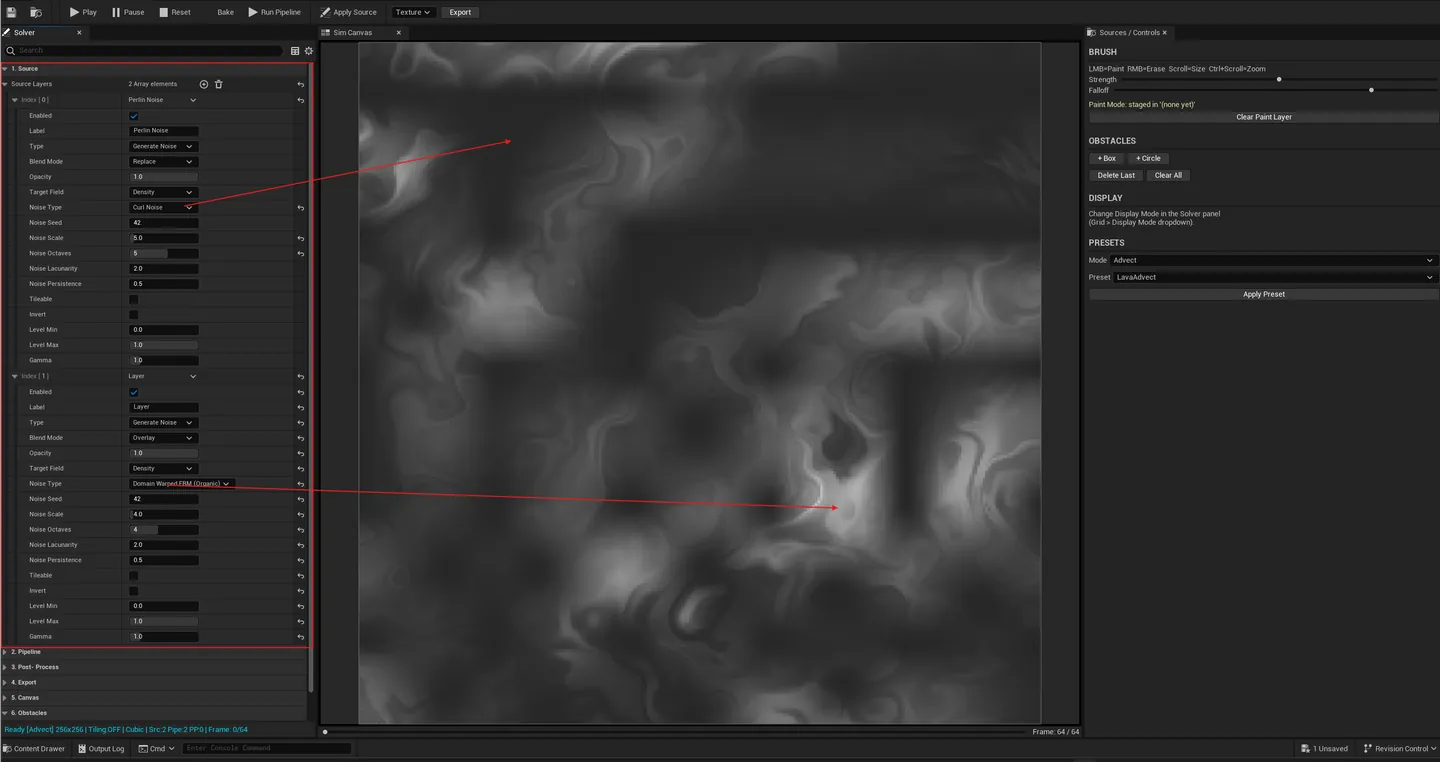 Left panel with 3-4 source layers — noise, painted, shape — each with type badge, blend mode, opacity, and target-field selector visible.