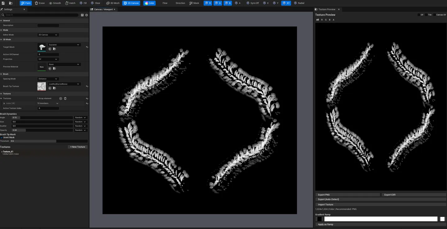 Multiple stamps from a stylized brush tip (splatter / leaf / hatch shape) clearly visible on the canvas. Brush tip texture preview in the Settings panel showing the alpha mask currently loaded.