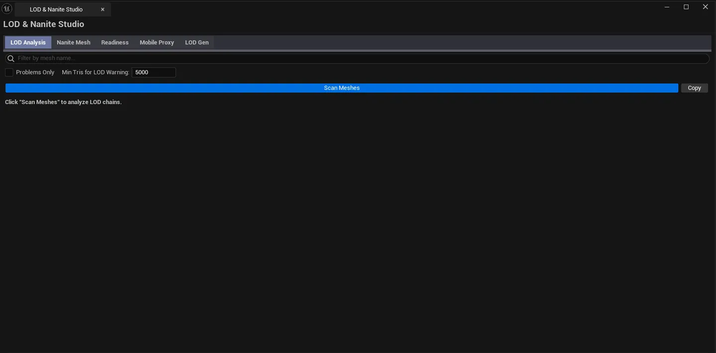 Studio open on the LOD Analysis tab with results visible, tab bar showing all 5 tabs.