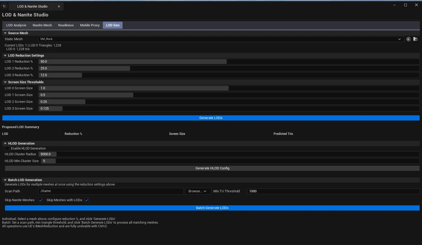 LOD Gen tab with a source mesh picked, Proposed Levels list visible showing predicted tri counts.