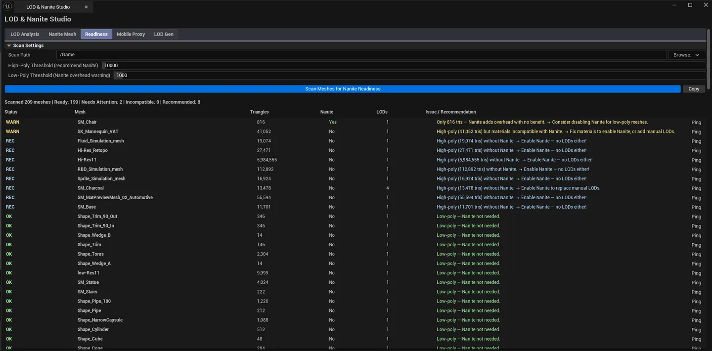 Results list with mixed readiness states, including a "Needs Attention" row showing the WPO / translucent / masked flags.