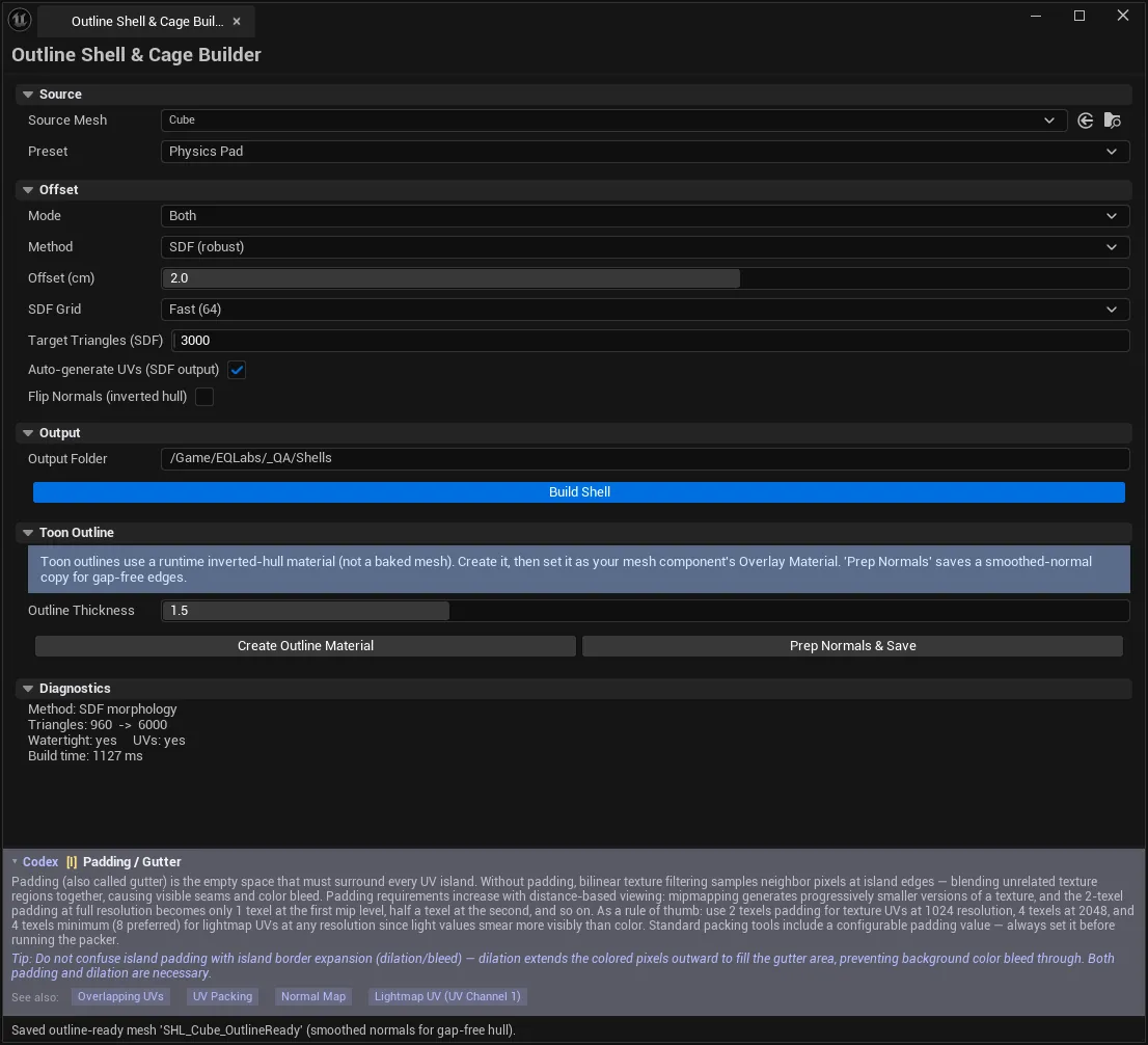 After a build: the Diagnostics block reports the method used, the shell's triangle count and the build time.