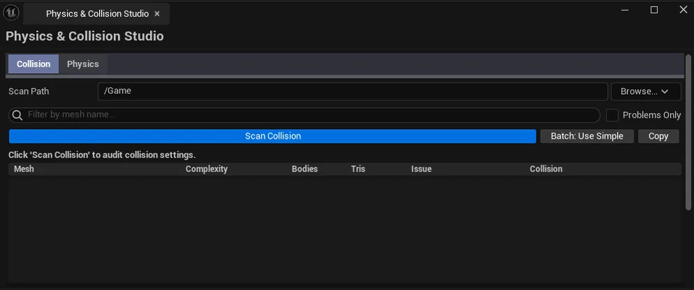 Studio open on the Collision tab with mixed-severity results visible; tab bar showing both tabs.