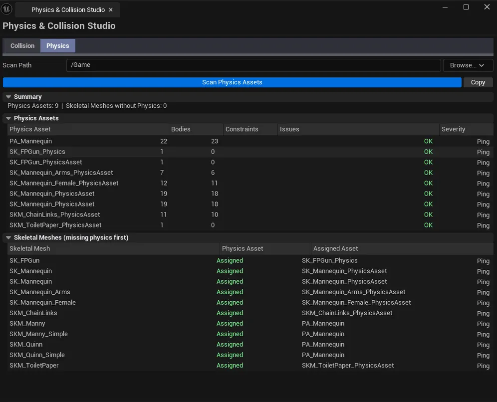 Both lists populated, showing a mix of OK and Warning entries.