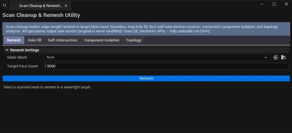 Tool open on the Remesh tab with a heavy mesh selected, target face count visible, before/after comparison if possible.