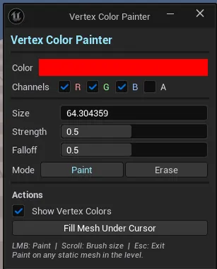 Painter active in viewport, red brush ring visible over a mesh with painted vertex color falloff visible.