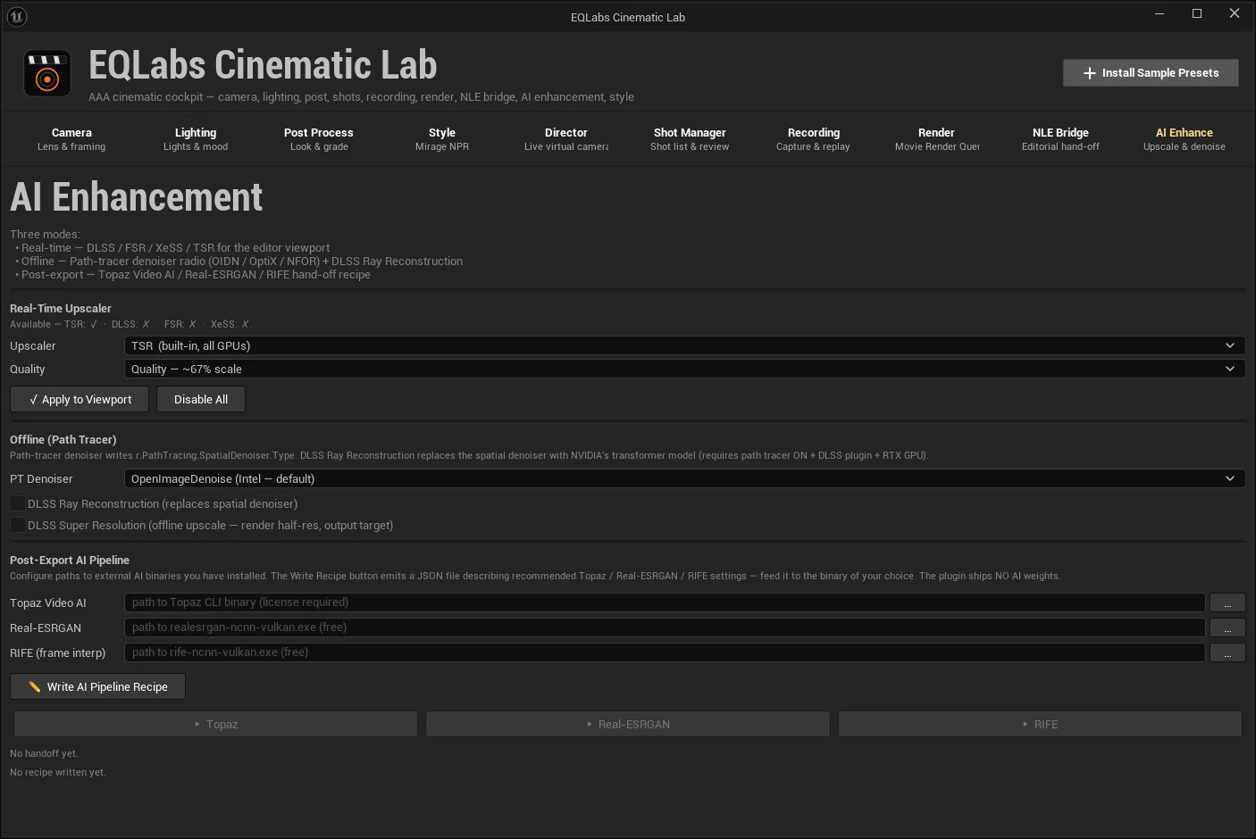 The AI Enhance tab: real-time upscaler, path-tracer denoiser and the post-export pipeline.