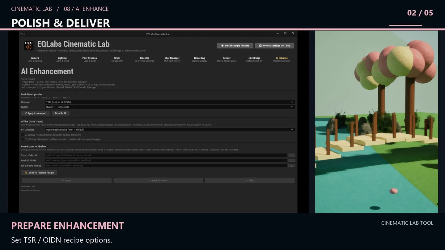 Setting the upscaler and denoiser options in the AI Enhance tab.