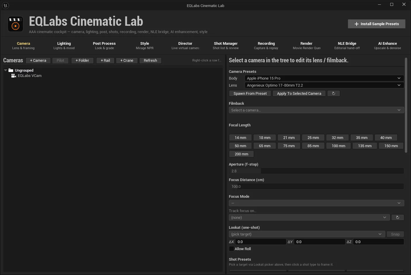 The Cinematic Lab cockpit, showing all ten tabs across the top and the Camera tab open.