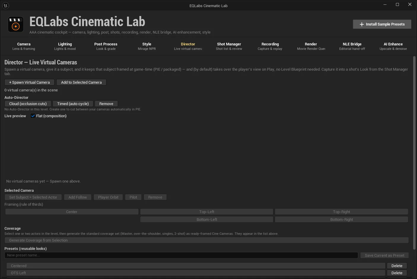 The Director tab: virtual camera list, framing controls, coverage generator and Auto-Director.