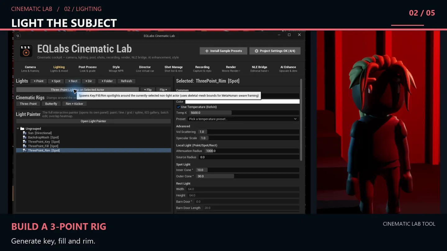Building a three-point rig around the selected character: key, fill and rim spot lights.