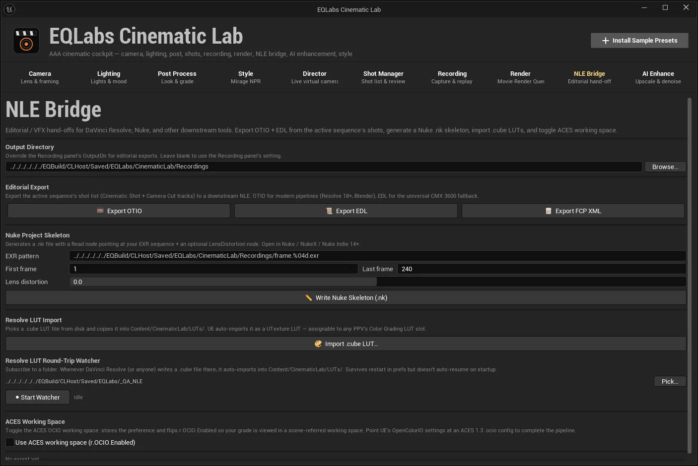 The NLE Bridge tab: output directory, the three editorial exports, Nuke skeleton, LUT watcher and ACES.