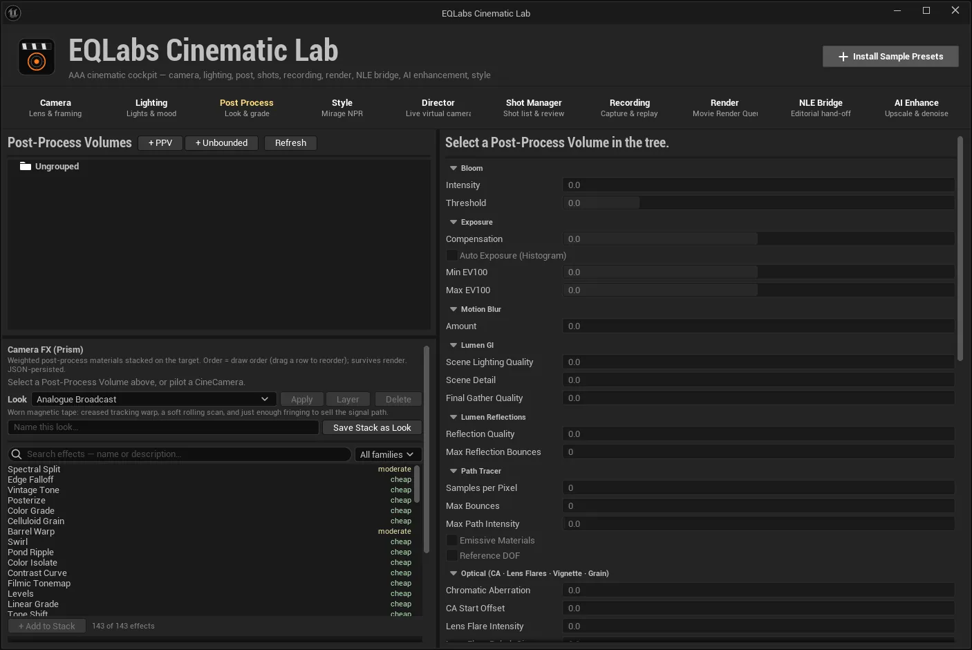 The Post tab: volume tree, grouped PPV sections, and the Prism camera FX stack below.