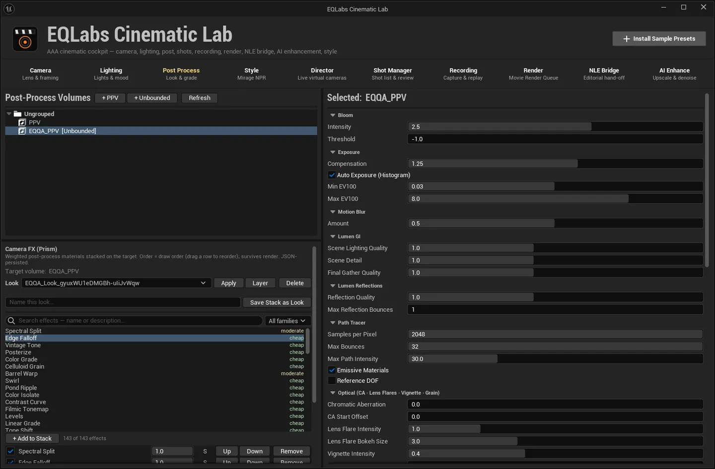 A Prism effect stack with several effects, their weights and the master.
