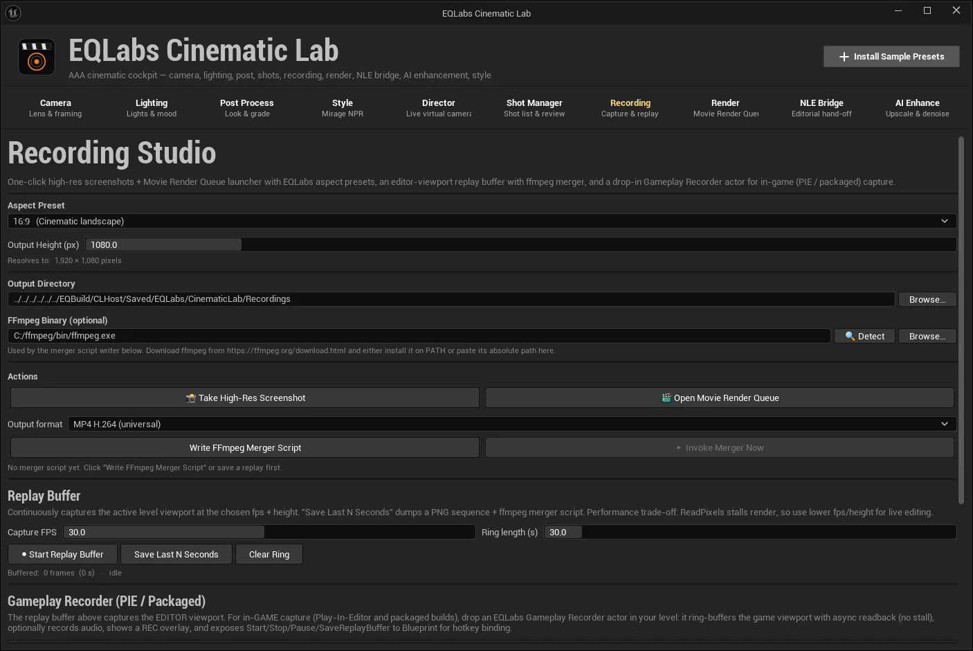 The Recording tab: output settings, ffmpeg detection, replay buffer and gameplay recorder.