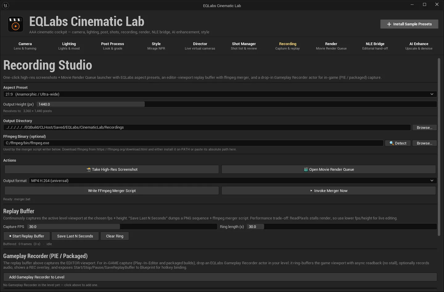 Recording preferences with the output directory and ffmpeg path resolved.